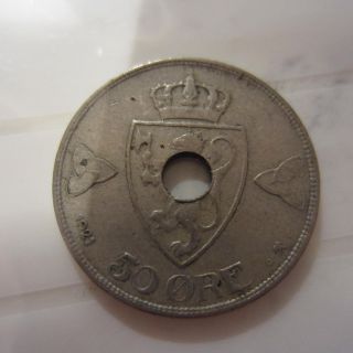 Norway 50 Ore,  1921,  With Center Hole A Rare Coin photo