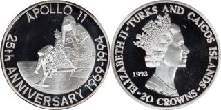 1993 Turks & Caicos Islands 20 Crowns Silver,  Apollo 11 25th Anniversary,  Proof photo