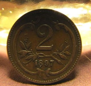 1897 Austrian 2 Heller In Xf Cond.  Beautifully Aged Bronze Coin photo
