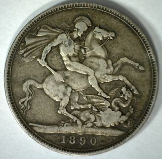 1890 Silver British Crown Victoria Great Britain Uk Coin F photo