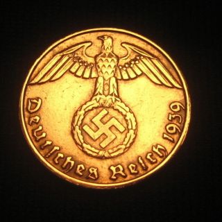 Nazi Germany Third Reich 1939 J 1 Reichspfennig Coin Km 89 Swastika Hitler Rare photo