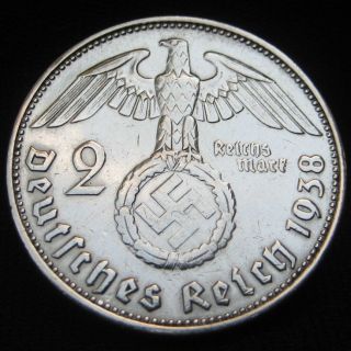 Nazi Silver Coin Germany Third Reich 1938 J 2 Reichsmark Km 93 Swastika,  Hitler photo
