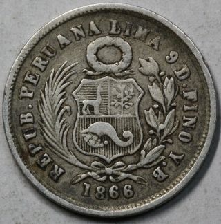 1866 Peru Silver 1 Dinero (10 Centavos) Seated Liberty Coin photo
