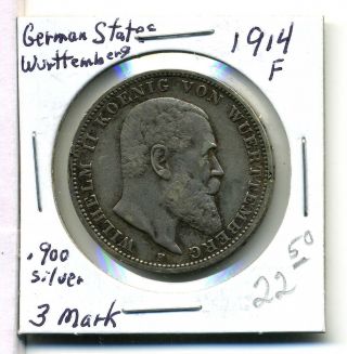 Germany States Wurttemberg 3 Mark, .  900 Silver,  1914 - F,  Vf, photo