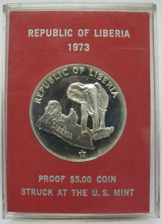 Liberia 1973 Silver Proof $5 Coin - Elephant - Five Dollars - Wfc Kl266 photo