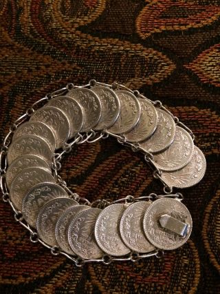 Vintage Mexican Sterling Silver Coin Bracelet 20 Centavos 72.  7 Gr Hand Made photo