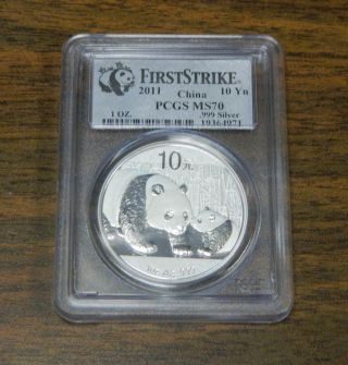 2011 China Panda 10yn 1oz Silver Coin Pcgs - Ms70 First Strike (971) photo