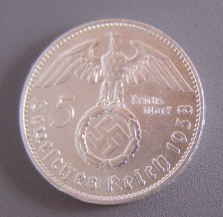 1938 J Hamburg Nazi 5 Mark Silver Coin Large Swastika Ww2 Militaria photo