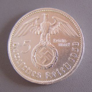 1938 F Stuttgart Nazi 5 Mark Silver Coin Large Swastika Ww2 Militaria Quality photo