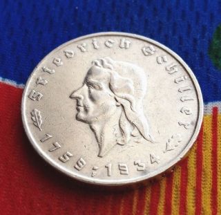 Rare 1934 F Friedrich Von Schiller 5 Mark 90 Silver German Third Reich Coin photo