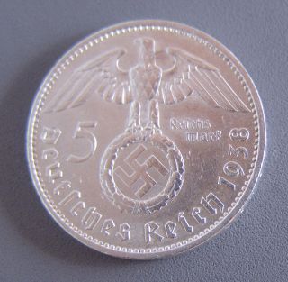1938 A Berlin Nazi 5 Mark Silver Coin Large Swastika Ww2 Militaria photo