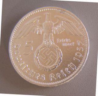 1937 A Berlin Nazi 5 Mark Silver Coin Large Swastika Ww2 Militaria photo