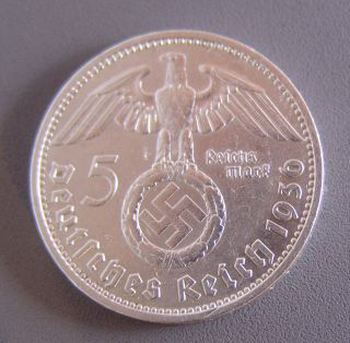 1936 D Munich Nazi 5 Mark Silver Coin Large Swastika Ww2 Militaria photo
