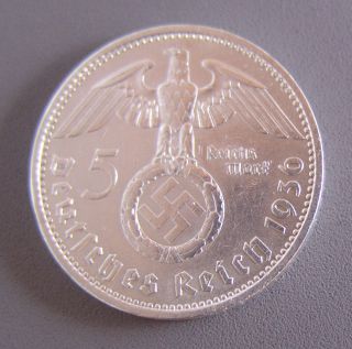1936 A Berlin Nazi 5 Mark Silver Coin Large Swastika Ww2 Militaria photo
