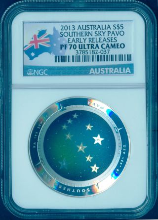 2013 Australia 1 Oz Silver Domed Pavo $5 Ngc Pf70 Southern Sky Early Release photo
