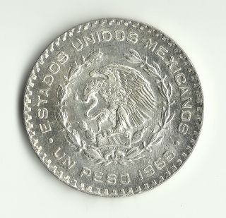 1966 Mexico Silver 1 Peso Coin,  Brilliant Uncirculated (bu) photo