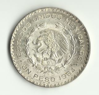 1964 Mexico Silver 1 Peso Coin,  Brilliant Uncirculated (bu) photo