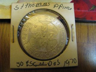 St.  Thomas & Prince - 50 Escudos Silver Au 1970 Centenario Coin 1470 - photo