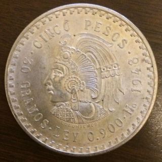 1948 Mexico Cinco Peso Silver.  90 Silver Uncirculated photo
