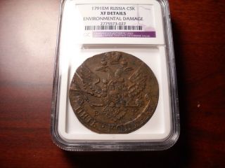 1791 Russia 5 Kopeck Copper Coin Ngc Xf photo