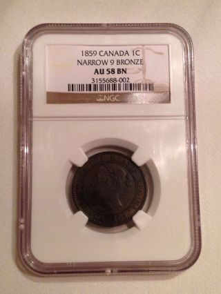 1859 Canada Large Cent Narrow 9 (rare) Au58 Ngc photo