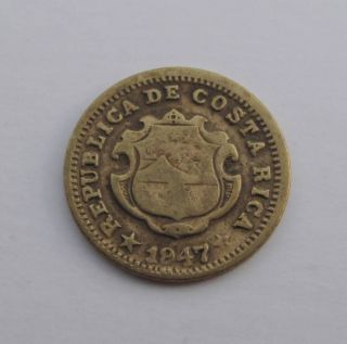 1947 Costa Rica 5 Centimos Cent Brass Coin Central America Km 179 photo