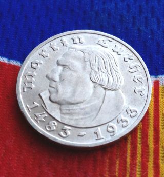 Ww Ii German 2 Mark Silver Coin 1933 J Martin Luther Third Reich Reichsmark photo