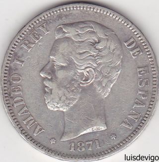 1871 - Sdm Spain - 5 Pesetas Spanish Silver Crown - King Amadeo I - Stars 18 - 71 photo