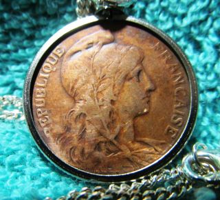 1916 France 5 Centimes Cents Bronze Coin Nickle Plated Bezel & 925 Silver Chain photo