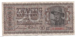 Rare Old 20 Karbowanez Nazi Occupation Ukraine War Bank Note Dollar Ww2 Swastika photo