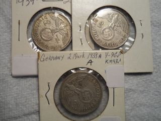 1937 1938 1939 A Pre - Ww2 Nazi 2 Reichsmark Silver Coin German Third Reich (3) photo