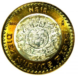 Mexico 10 Nuevo Pesos,  1992 Bi - Metallic Coin W.  Silver Core Grade photo