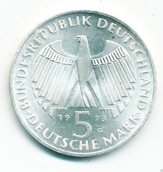 1973 - G Germany Uncirculated Commemorative 5 Mark Silver Coin photo