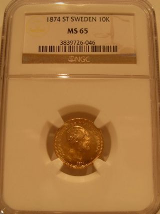 Sweden 1874 St Gold 10 Kronor Ngc Ms - 65 photo