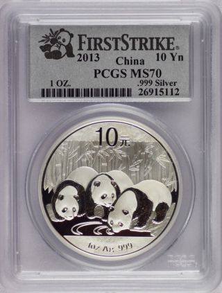 2013 China Panda 10 Yuan Silver Coin (pcgs Ms70,  First Strike) 1 Ozt.  999 6466 photo