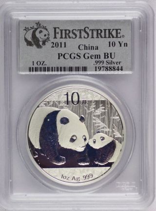 2011 China Panda 10 Yuan Silver Coin (pcgs Gem Bu,  First Strike) 1 Ozt.  999 6464 photo