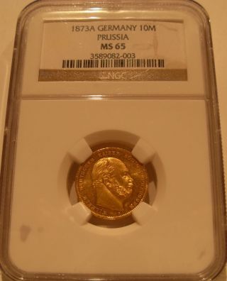 Germany Prussia 1873a Gold 10 Mark Ngc Ms - 65 photo