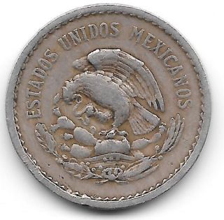 1942 Mexico 10 Centavos Circulated Copper - Nickel Aztec Calendar & Eagle @ Snake photo
