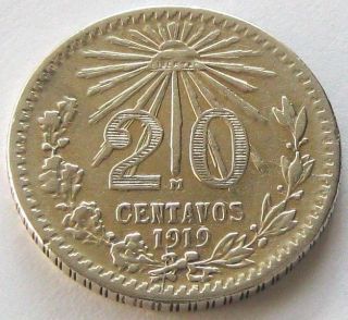 Mexico,  Silver Coin,  20 Centavos 1919,  Very Scarce In This photo