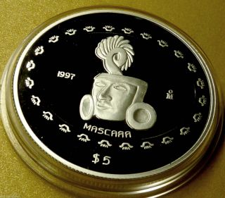 1997 Mascara Proof Mexican Pre - Columbian 1 Oz.  999 Silver Coin Aztec Mayan photo