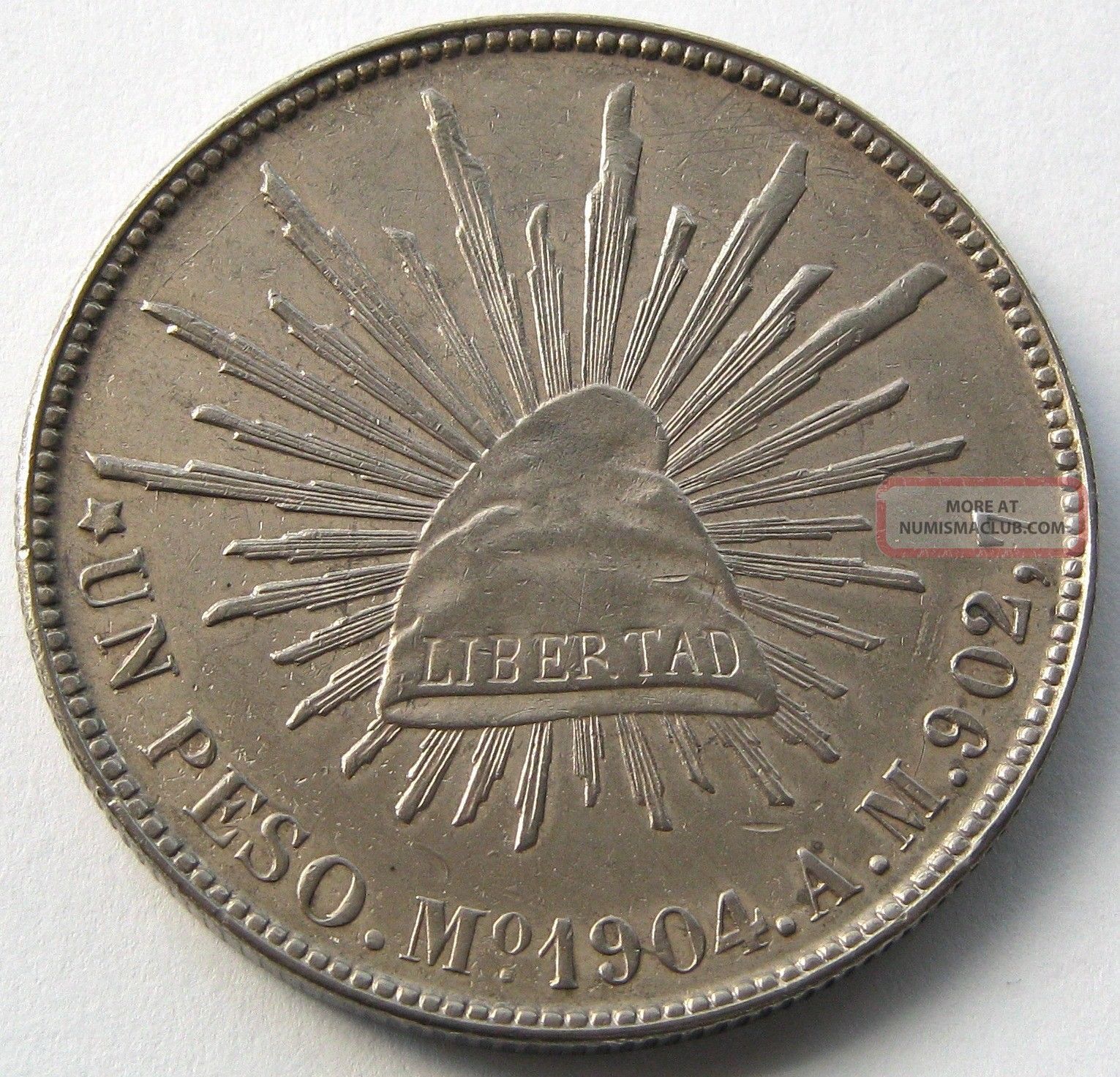 Mexico, Large Silver Coin, 1 Peso 1904 Mo Am, Top, Aun / Unc