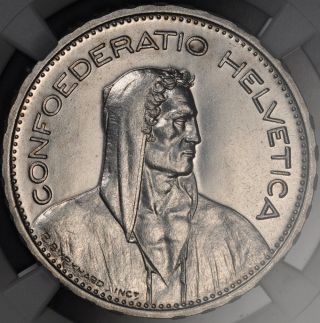 1933 B Silver Switzerland 5 Francs Coin Ngc State 65 