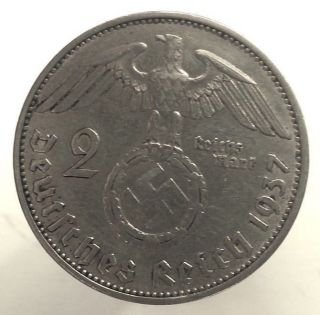 Xxrare Wwii German Third Reich Silver 2 Mark 1937 - A Vf Nazi Coin Km 93 photo