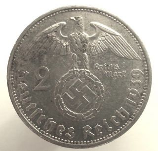 Xxrare Wwii German Third Reich Silver 2 Mark 1939 - G Vf Nazi Coin Km 93 photo