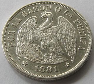 Chile,  Large Silver Coin,  1 Peso 1881,  Scarce,  Aun / Unc photo