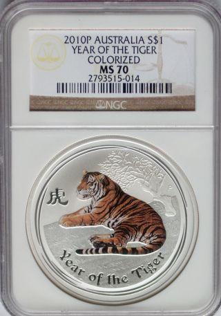 Ngc Registry Ms70 2010 Australia Year Of The Tiger $1 Lunar Colorized Silver 1oz photo