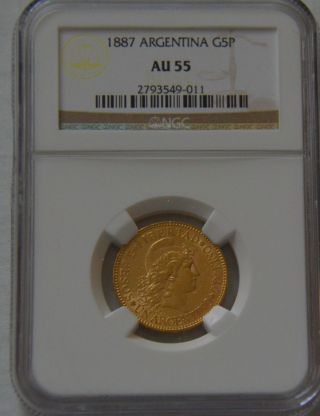 1887 Argentina Libertad 5 Pesos Gold Coin Ngc Rated Au 55 Brilliant photo