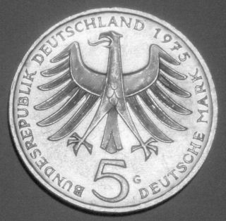 German Silver 5 Mark 1975 G Albert Schweitzer @see Photos@ photo