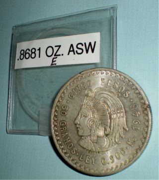 Mexico 5 Pesos Coin: 1948 ; 90 Silver.  8680 Oz.  Asw photo