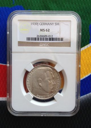 Ngc Ms 62 1939 J Ww2 5 Mark 90 Silver German Third Reich Coin photo